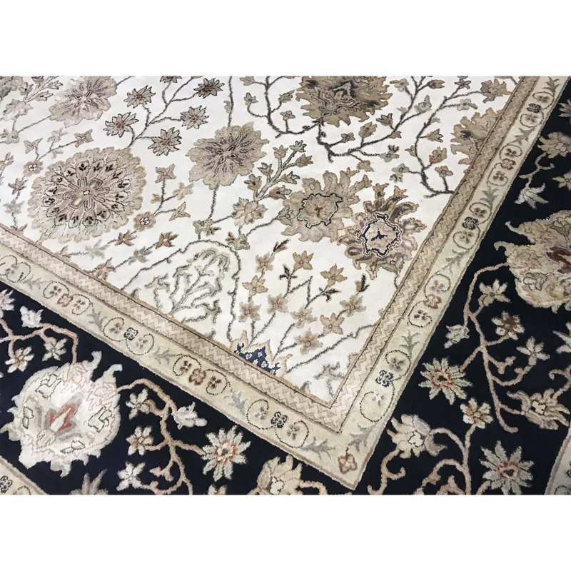 Tapis ivoire et noir noué à la main de haute qualité