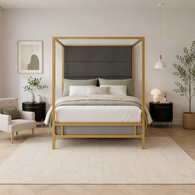 Modern Canopy Bed with Tall Fabric Upholstered Headboard Metal 4-Poster Bed Frame,Box Spring Needed