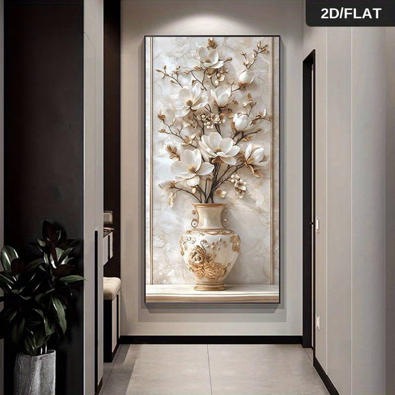 Large Modern White and Gold Orchid Wall Art, Frameless 2D Canvas Poster , Luxury Floral Home Décor for Living Room , Bedroom
