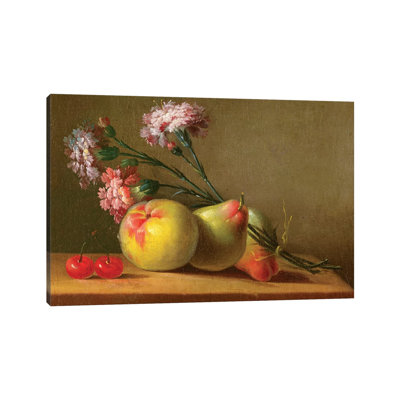 Carnations, Pears, Cherries And Apple On A Table by Anne Vallayer-Coster - Wrapped Canvas Print