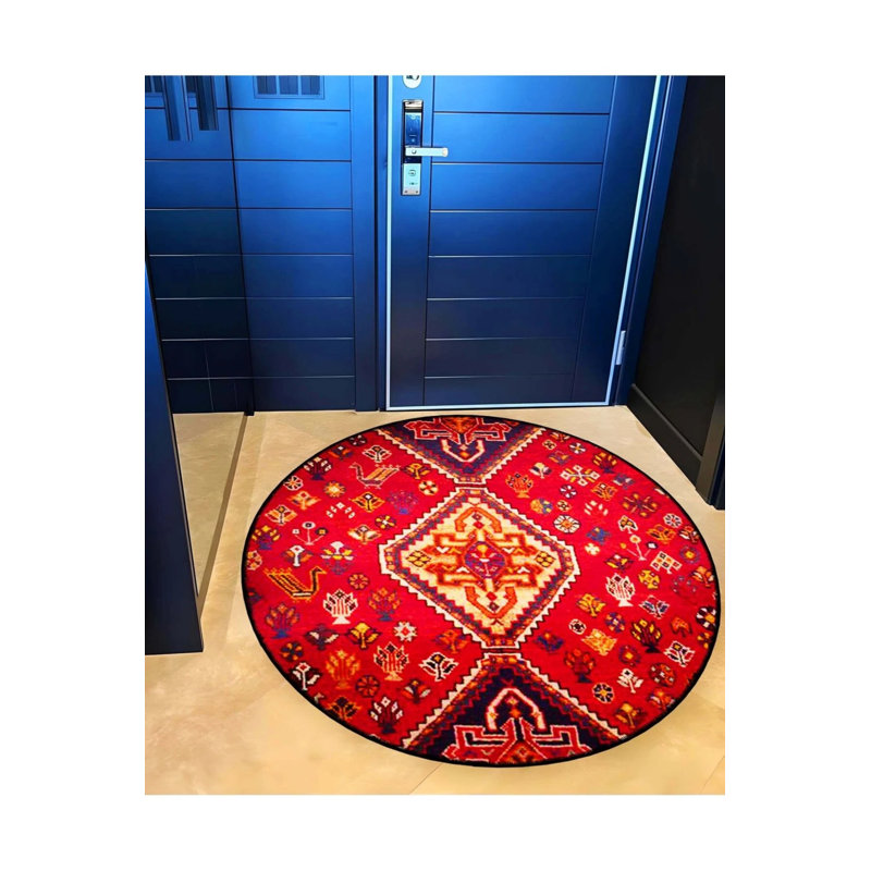 Red Theme Ethnic Motif Traditional Patterned Round Woven Base Vintage Decorative Carpet, Round 5'