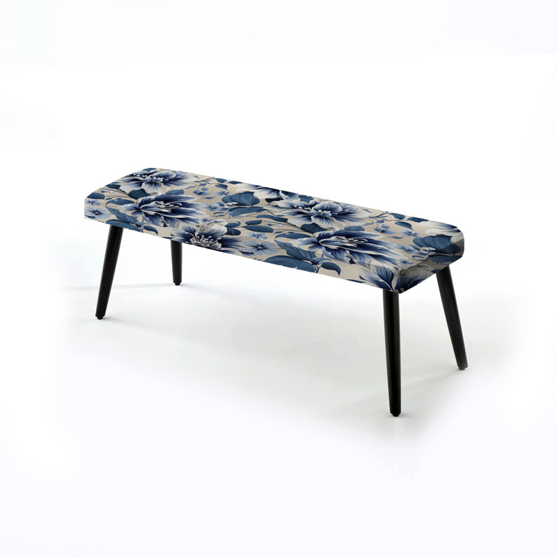 Banc rembourré floral noir Truong, Sérénité damassé bleue