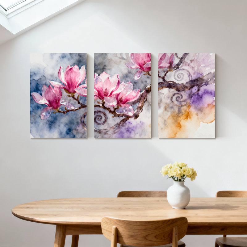Magnolia rose fleurs de magnolia sur fond abstrait, ensemble de 3 impressions d'art sur toile, H 30 po x l 60 po