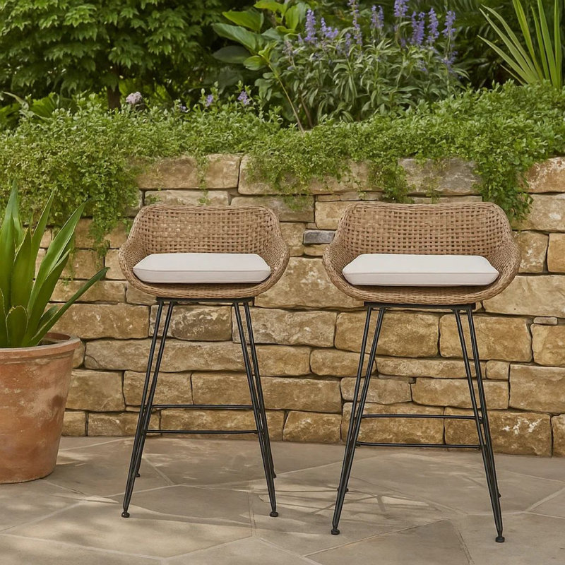 Ensemble de 2 tabourets d'extérieur, tissu beige, rotin brun, noir