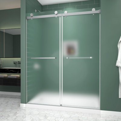 Porte de douche coulissante double sans cadre de 61 à 66 po x H 78 po en nickel brossé avec verre trempé givré de 1/4 po, poignée double