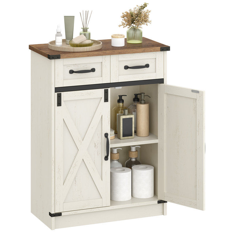 Bathroom Storage Cabinet, Freestanding Bathroom Floor Cabinet with Drawers & Doors, Farmhouse Buffet Cabinets with Adjustable Shelf, for Kitchen, Living Room, Entryway, White Brown