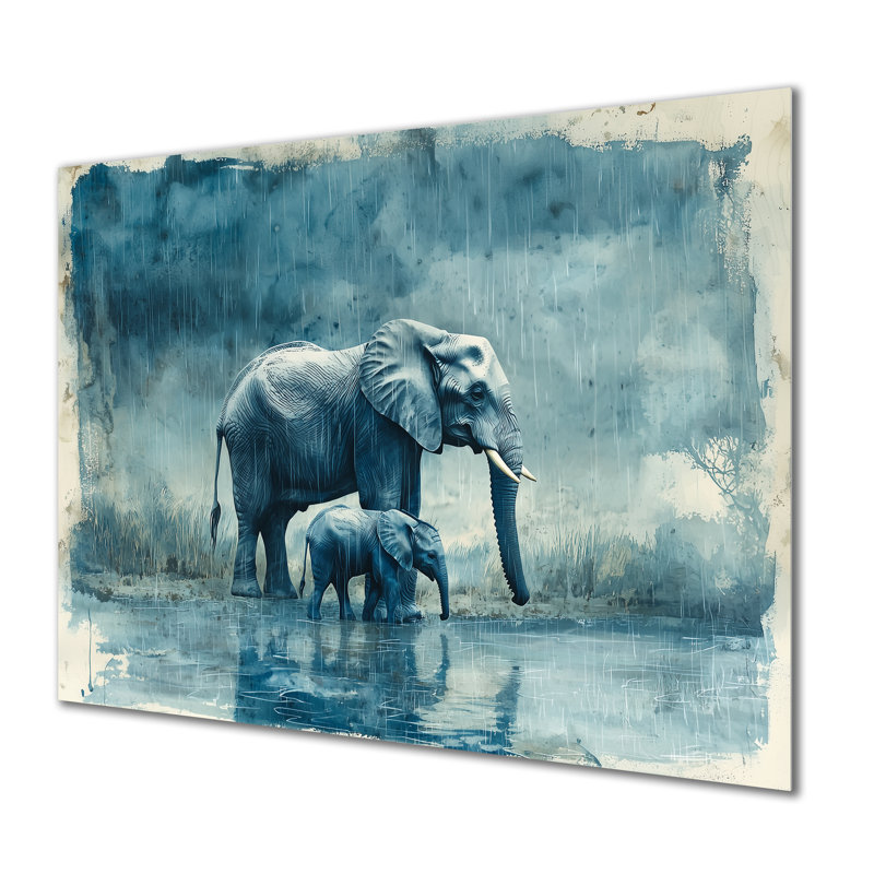 Éléphant et son mollet sous la pluie - Éléphant en métal, reproduction d'art moderne sur métal, H 16 po x l 32 po
