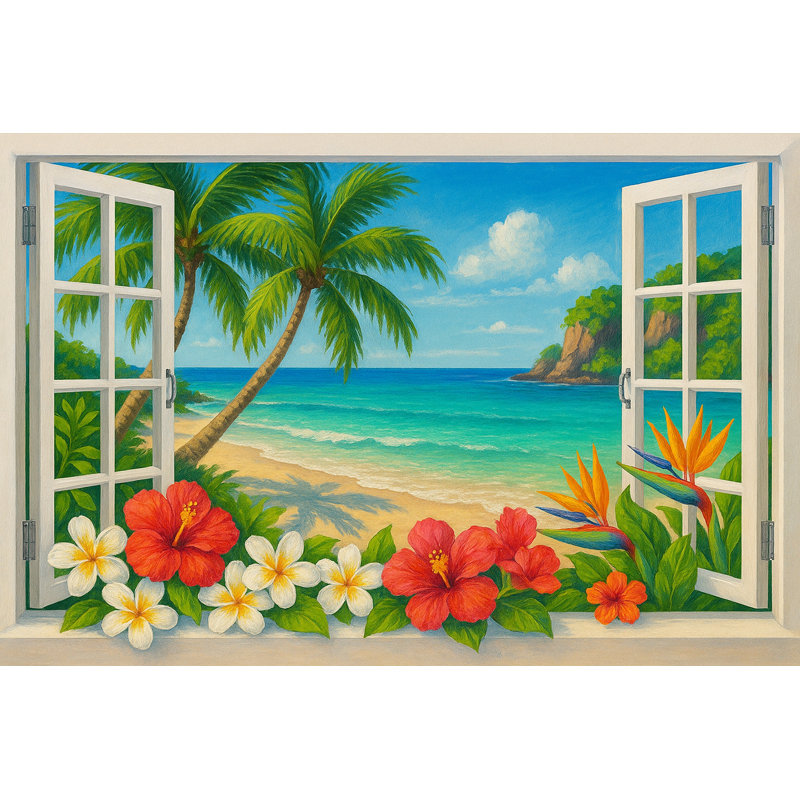 Vue d'une fenêtre tropicale avec hibiscus, H 24 po x l 48 po