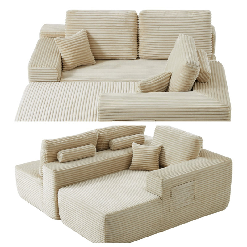 Canapé modulaire 104 po avec méridienne en forme de L et poches latérales, conception modulaire de 104 po, Tissu beige