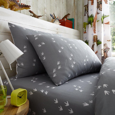 Kids Dino World Fitted Sheet Set Polycotton Bed Linen with Pillowcases Elasticated Edges Secure Fit Soft Breathable Easy Care Durable