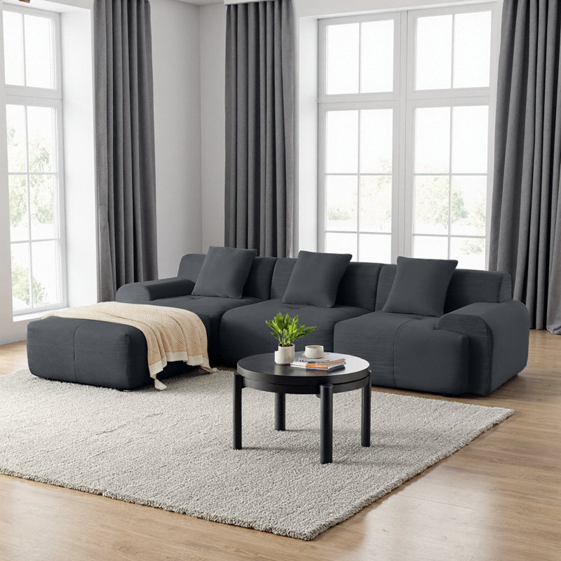 Canapé modulaire de 113 po, canapé en L en velours côtelé vert avec repose-pieds mobile et 3 coussins, aucun assemblage requis, canapé de salon à assise profonde