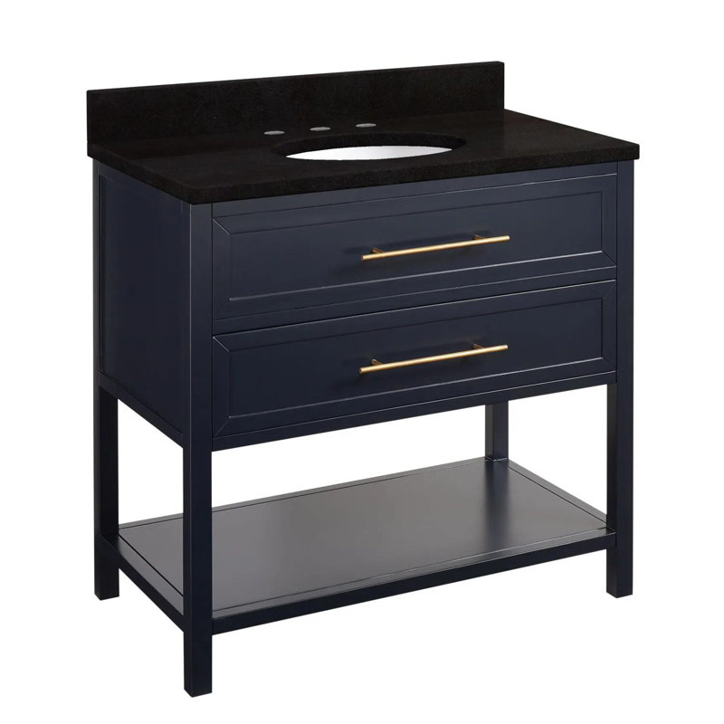 36" Robertson Single Bathroom Vanity Set with Oval Undermount Sink, 8" Widespread, Feathered White Quartz, Midnight Navy Blue