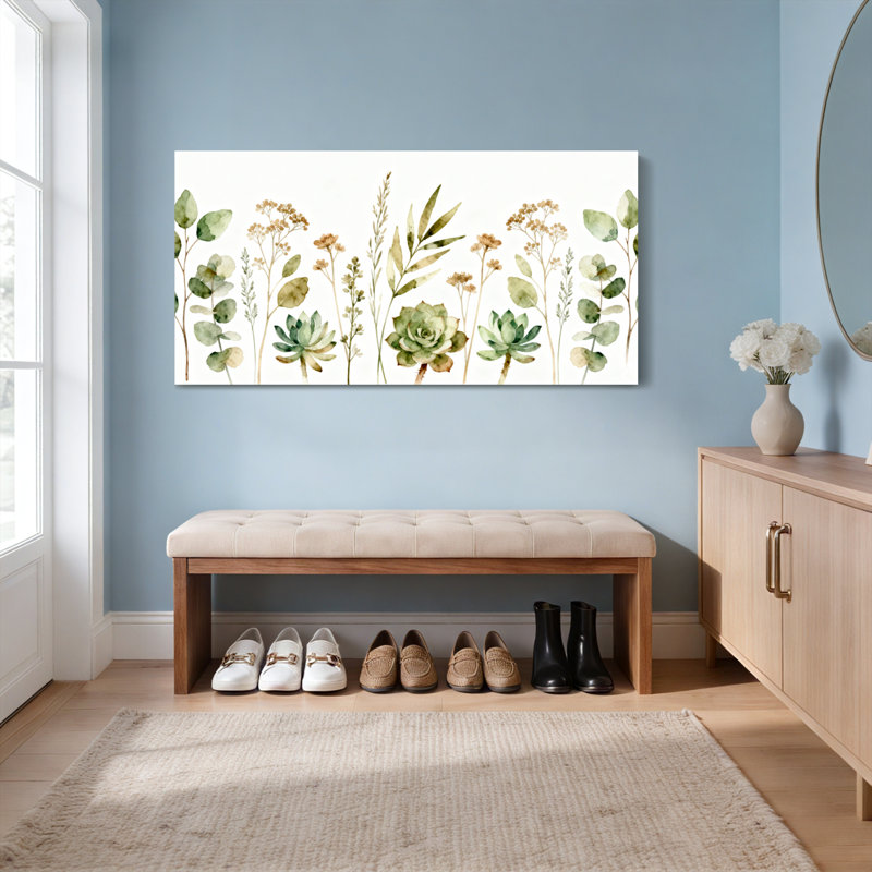 Ensemble de 1 tableau sur toile tendue, aquarelle représentant des plantes succulentes et de l'eucalyptus, H 24 po x l 48 po