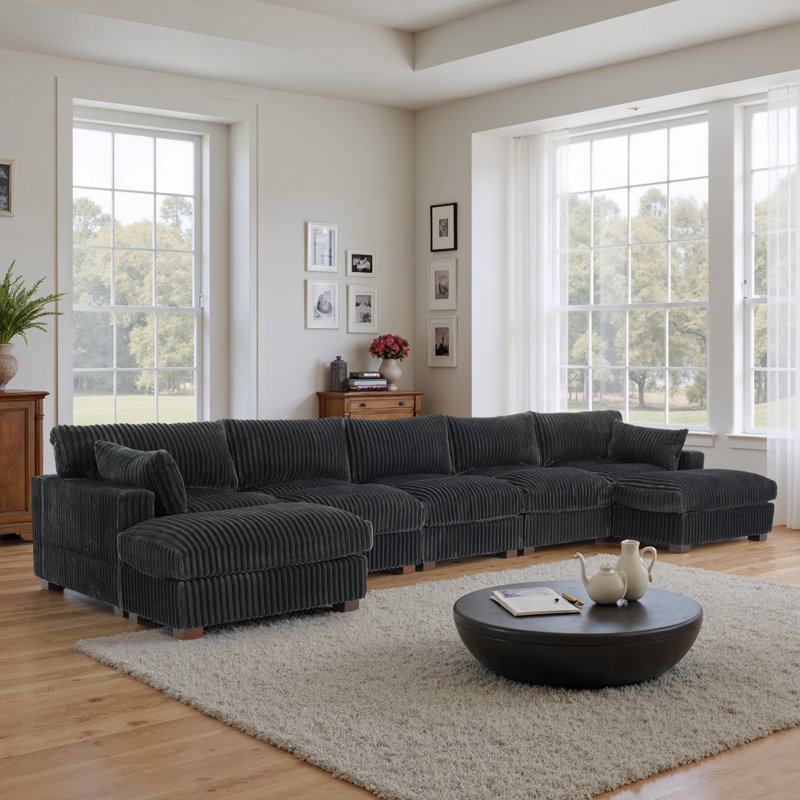7 - Piece Upholstered Gray Faux Rabbit Fur Flannel Reversible Modular Sofa Living Room Sectional Couch with Ottoman