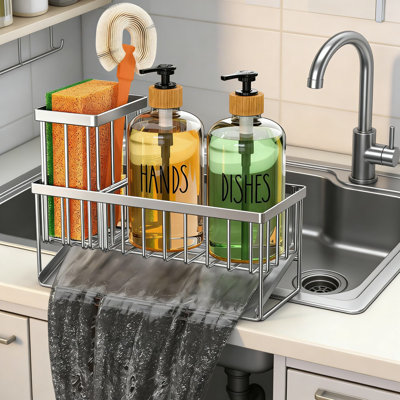 Kitchen Soap Dispenser Set With Stainless Steel Sponge Holder And Glass Bottles, Bamboo Pump Heads, And Beveled Drain For Sink Organization