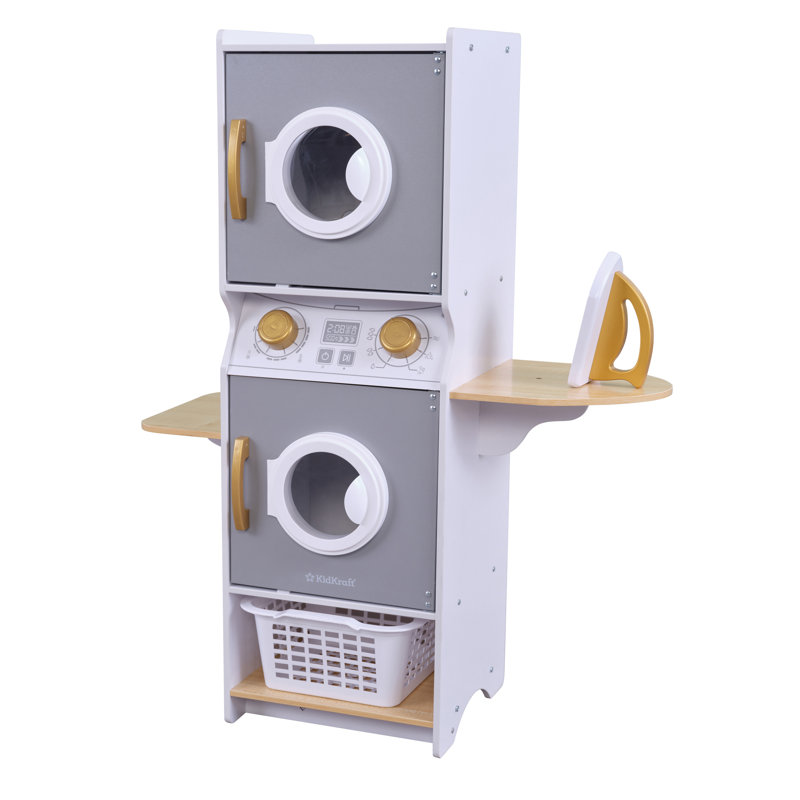 Laundry Play Set, Wooden Stacking Washer And Dryer With Iron And Basket, White
