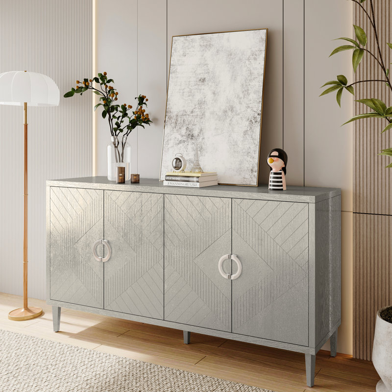 Armoire de rangement élégante et fonctionnelle à 4 portes avec pieds en pin et panneau de fibres à densité moyenne, pour le salon, la chambre à coucher et la cuisine, champagne