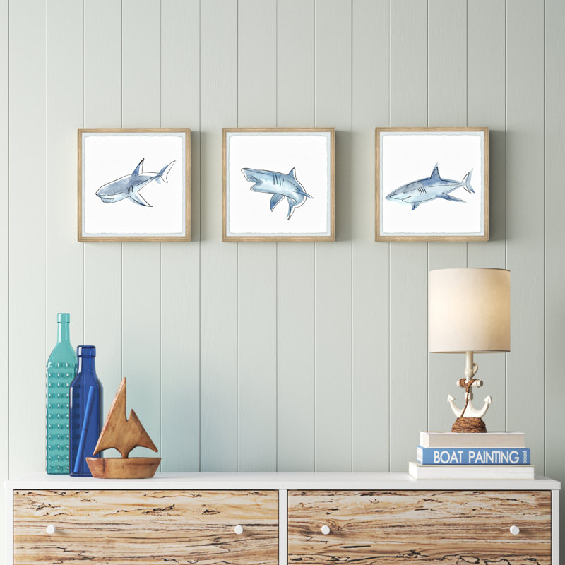 Callum Fiery Sharks Triptych 3-Piece Set Framed Print, 12" H x 12" W x 1.5" D