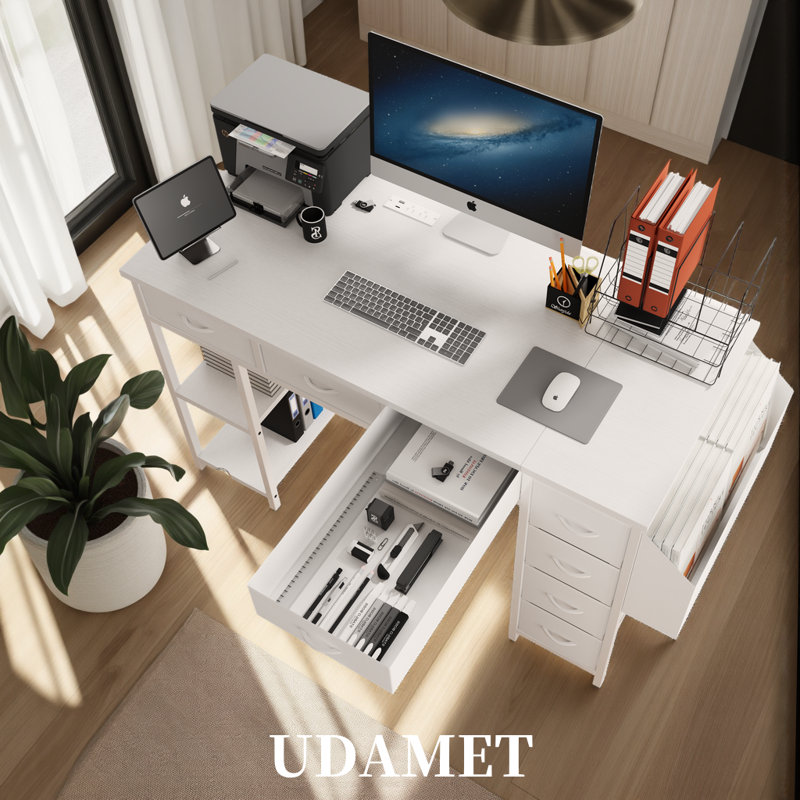 Bureau d'ordinateur 47 po, bureau d'écriture, bureau personnel, coiffeuse avec 7 tiroirs en tissu, prises intégrées ou USB, naturel