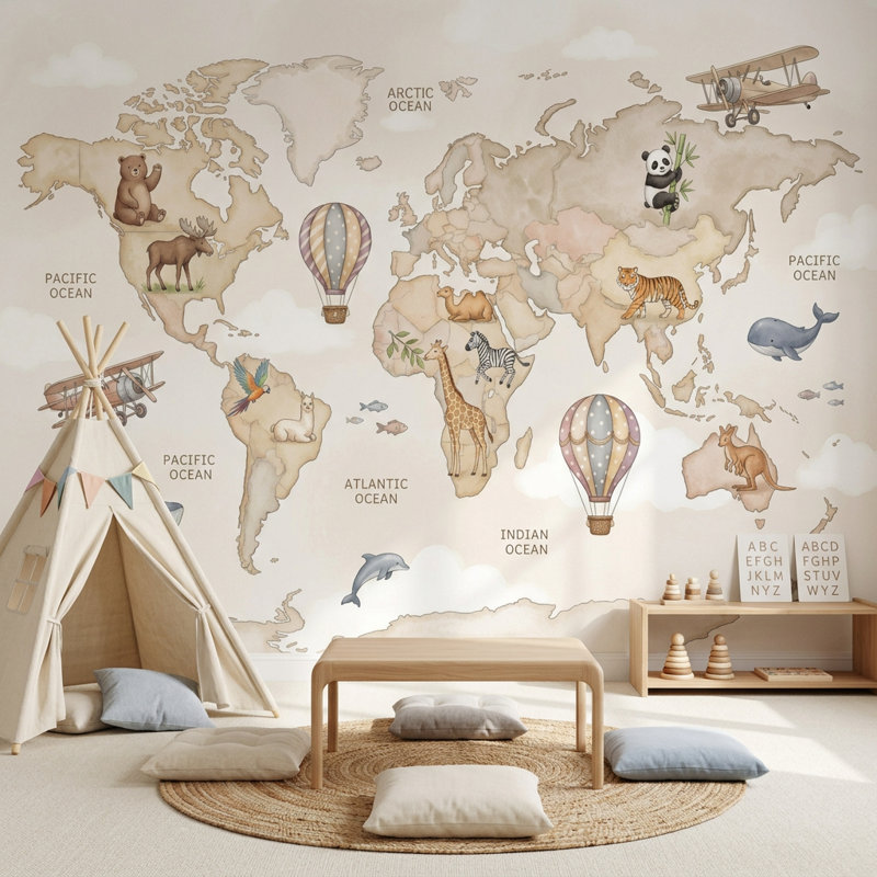 Papier peint carte du monde amovible montgolfière, 140 po x 108 po, Peler et coller