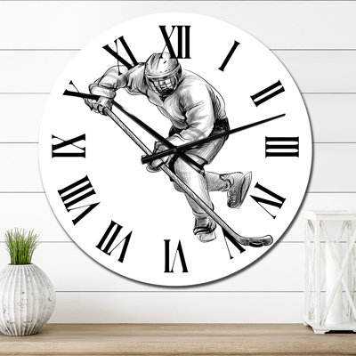 Hockey Player in Black and White Winter Sport I - Global Wall Clock