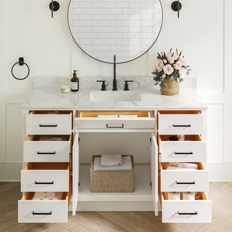 Jameal 60'' Solid Wood Single Bathroom Vanity with 0.75'' Carrara Marble Top Sink, Rectangular, White