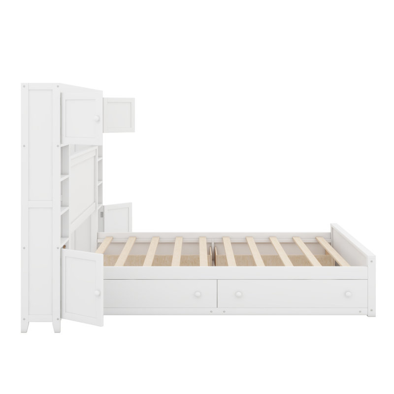 Lit en bois avec armoire, tablette et prises tout-en-un, Blanc