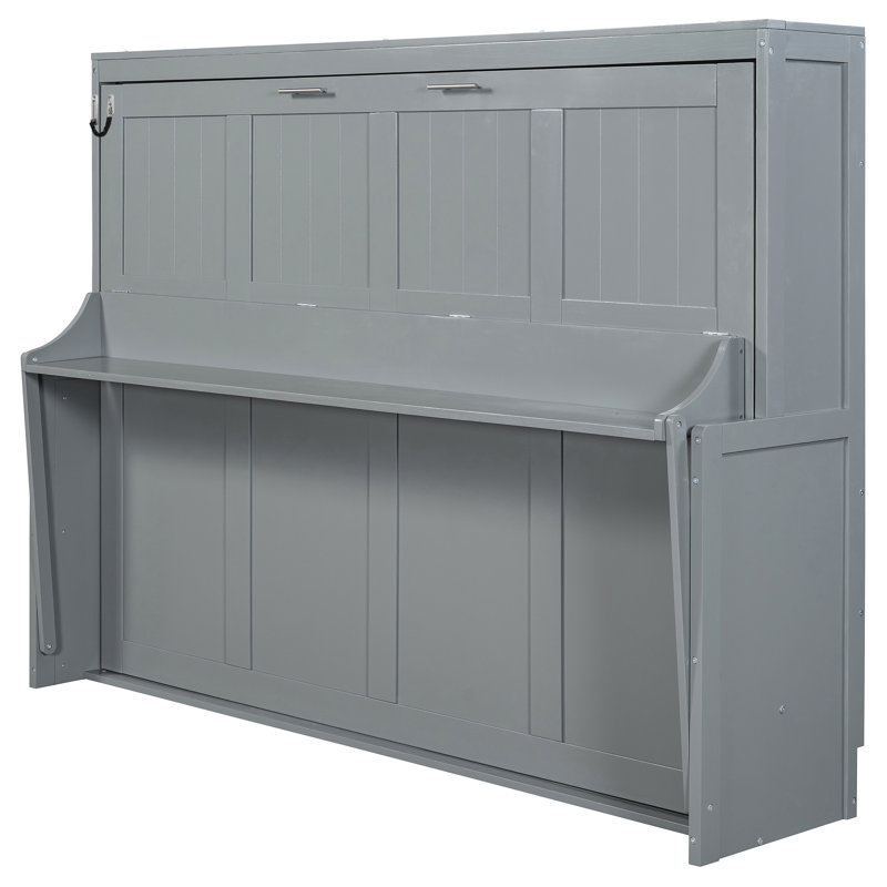 Grand lit gris avec système de pliage de bureau hydraulique et de rangement, peu encombrant pour les petits espaces de vie, support de cadre, compartiment de matelas intégré, lève-personne mural et installation de 10 pouces, multifonctionnel