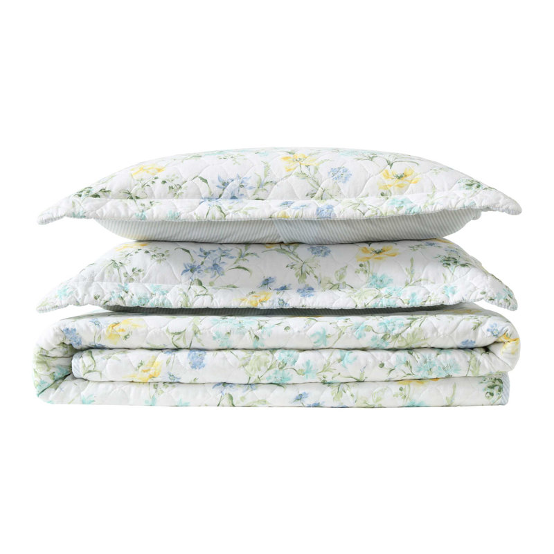 Laura Ashley Poppy Meadow Cotton Reversible Blue Quilt Set, Twin Quilt + 1 Standard Sham
