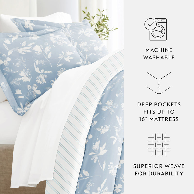 Ensemble de literie réversible 8 pièces - Housse de couette à motif, insert d'édredon et ensemble de draps unis