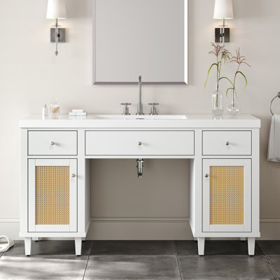 60 Inch Bathroom Vanity With SMC Sink, Modern Spacious Bathroom Storage Cabinet With Soft Close Drawers And Tip-Out Tray,  Wood Legs And Silver Metal Knobs, White