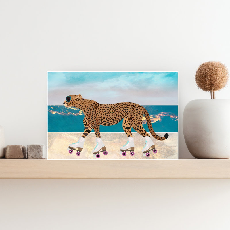 Guépard, patins à roulettes, plage, paysage abstrait rétro, impression d'art mural, H 12 po x l 18 po