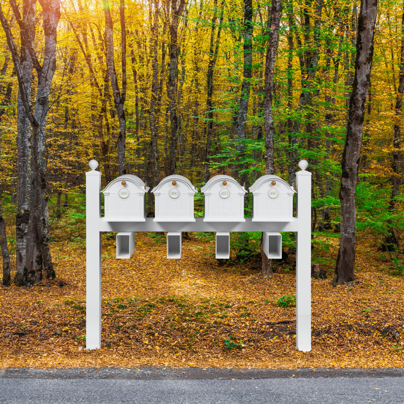 Balmoral Quad Mount Mailbox /w/ Ball Finials, Personalized Door Medallion, Newspaper Box (4 Mailboxes, Posts, 4 Newspaper Boxes, 4 Medallions)