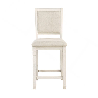 Antique White Finish Wooden Counter Height Chairs 2Pcs Set Textured Fabric Upholstered Dining Chairs