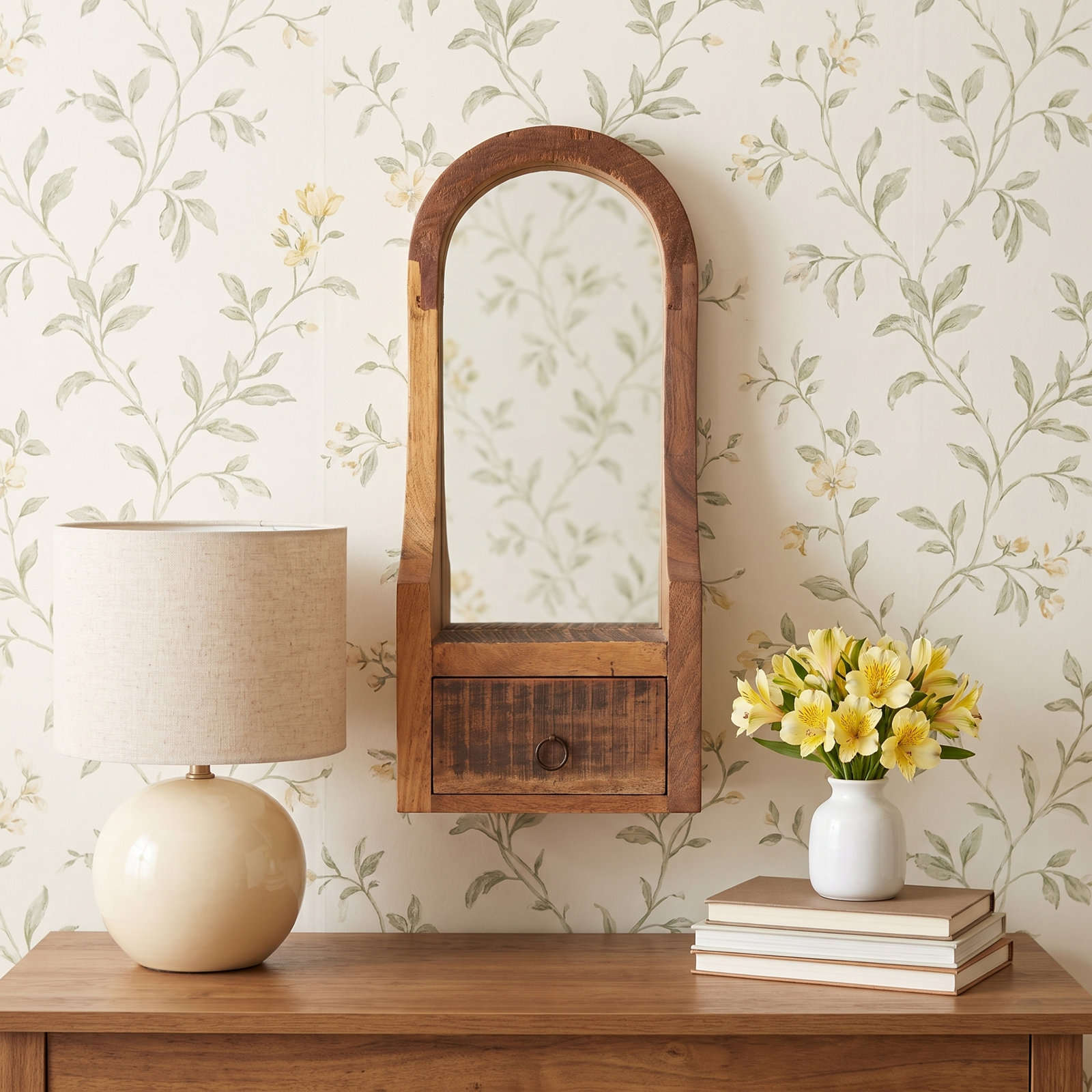 Arched Wood Framed Mirror with Storage Drawer