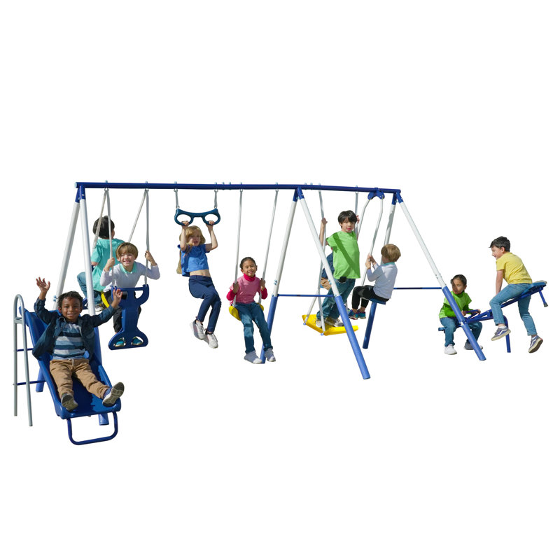 Blue and White Metal Swing Set with Slide and Swings