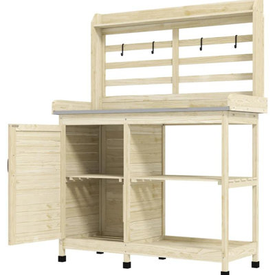 Table de rempotage d'extérieur avec étagères de rangement, forme classique en « X », pieds en caoutchouc stables, bois naturel, 112 cm L x 47 cm l x 146 cm H, charge maximale 75 kg, table de jardinage de table, grande surface plane.