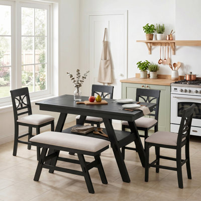 Ensemble de table de salle à manger 6 pièces à hauteur de comptoir en bois avec tablette de rangement, ensemble de table de cuisine avec banc et 4 chaises, style rustique