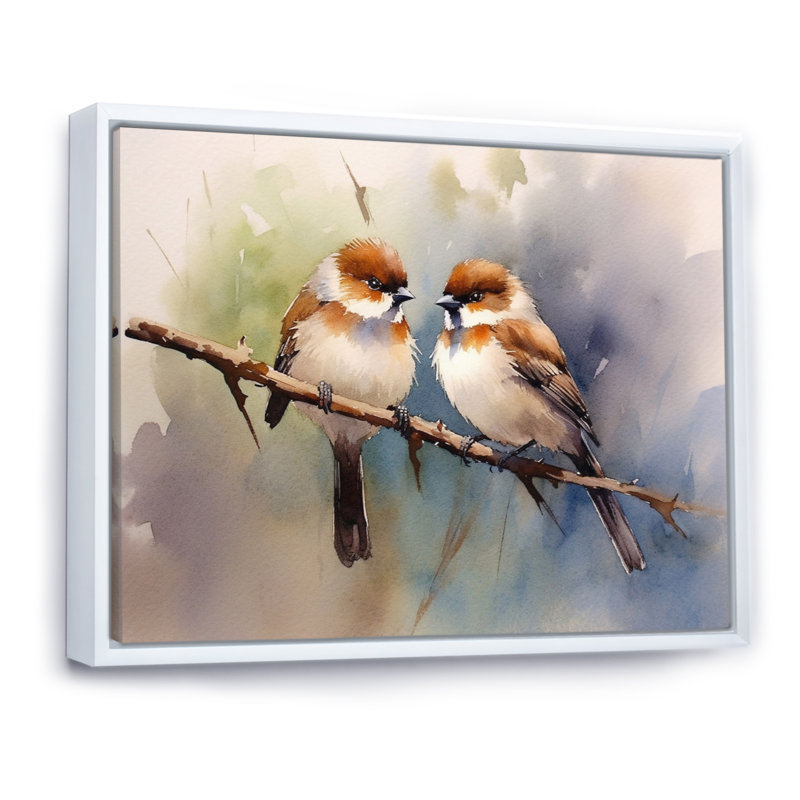 Oiseau moineau beige et brun - art mural oiseau, 30" H x 40" W, Cadre flottant blanc