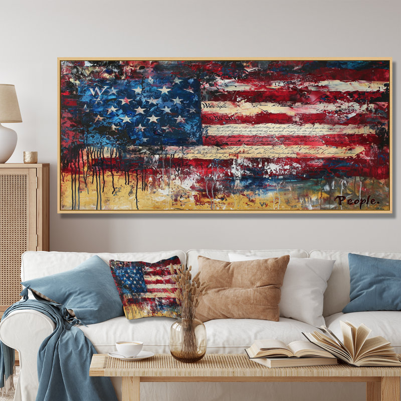 Krystalee, drapeau des États-Unis, patriotisme, aquarelle, H 28 po x l 60 po, Cadre flottant, Doré