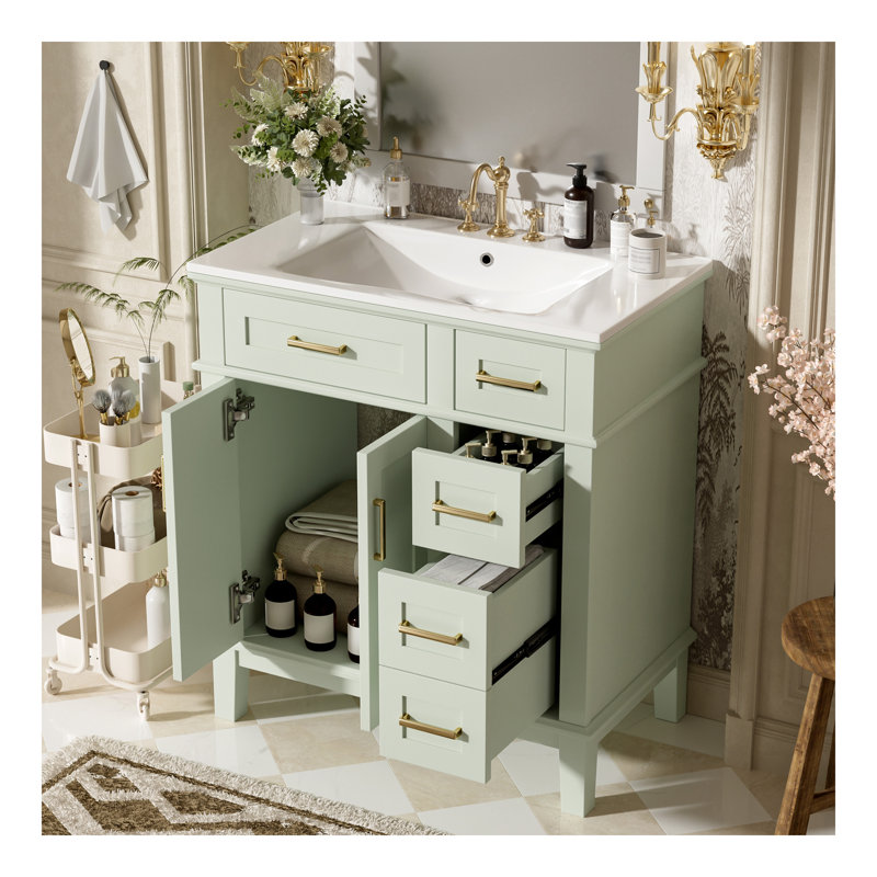 Meuble-lavabo pour salle de bain avec lavabo en céramique, armoire de rangement moderne avec portes à fermeture douce, tiroir profond et tiroir standard, meuble-lavabo élégant pour les petites salles de bain