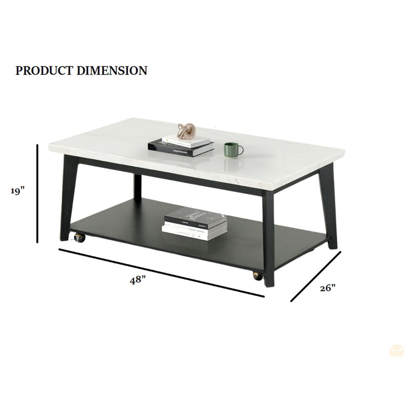Table basse rectangulaire avec tablette de rangement inférieure en marbre