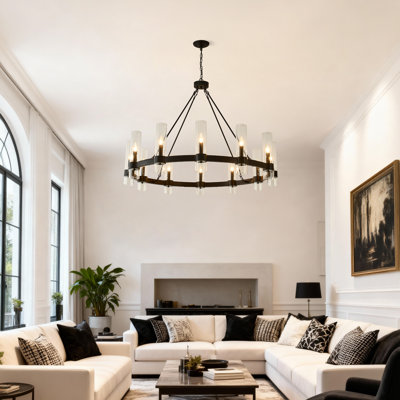 46 Inch 12 Lights Modern Farmhouse Black Wagon Wheel Chandelier 