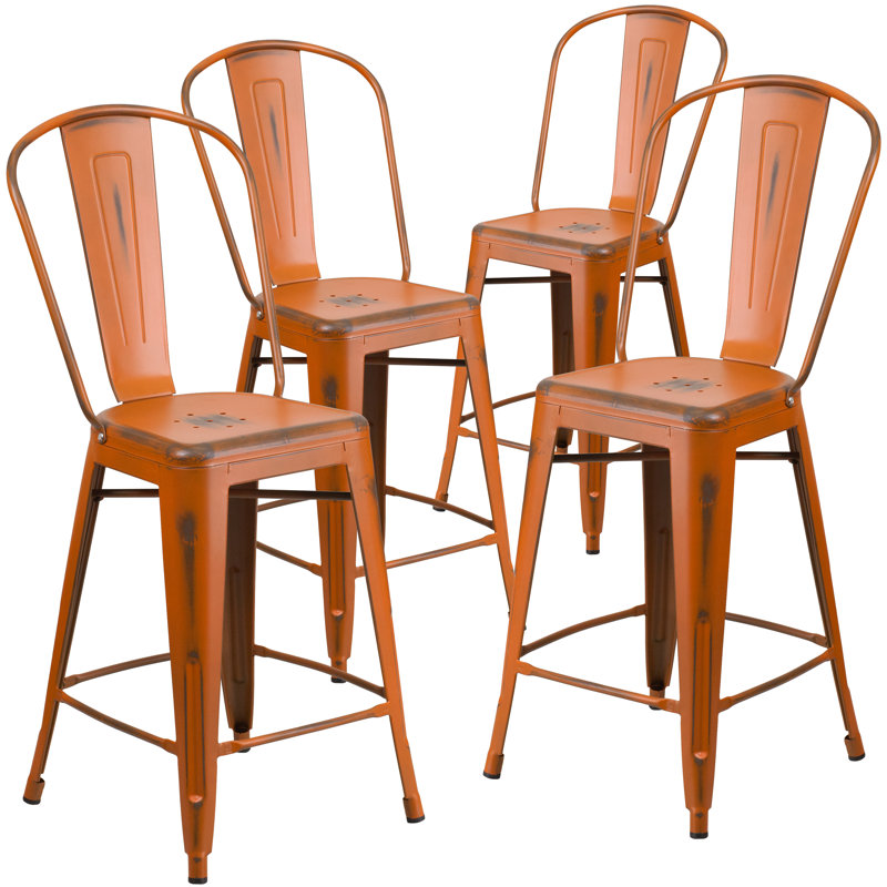 Commercial Grade Distressed Metal Indoor-Outdoor Counter Height Stool with Back, Counter Stool (24" Seat Height), Orange