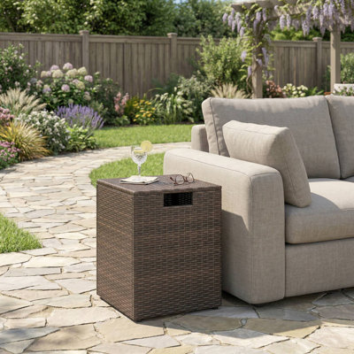 Heavy Duty Handwoven Rattan Patio Propane Tank Hideaway Cover Side Table With Stable Support Frame And Smooth Flat Tabletop For Backyard BBQ
