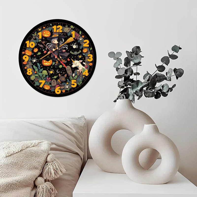 Witch flies on Halloween clock face