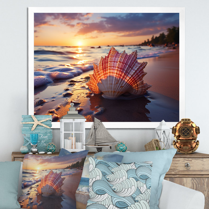 Coucher de soleil sur le rivage, Trésors IV - art mural plage, Cadre de coin blanc fermé, H 24 po x l 32 po x P 1 po