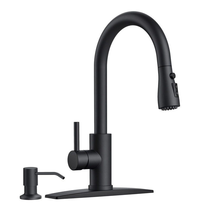 Matte Black Single Handle Pull Down Kitchen Faucet with Soap Dispenser