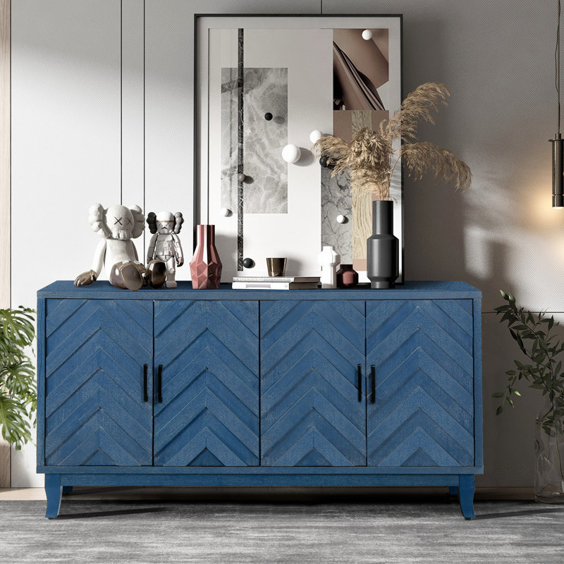 Armoire de rangement robuste en bois à 4 portes avec détails laqués et tablettes, Bleu marine antique