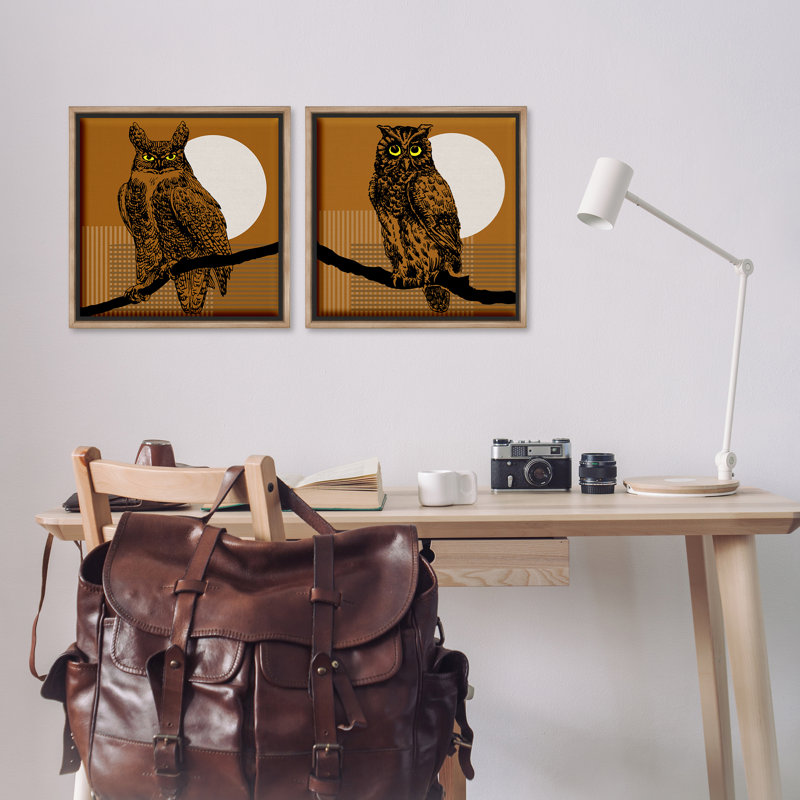 «Full Moon Owls on Branch», ensemble de 2 toiles flottantes encadrées par Regina Moore, H 18 po x l 18 po